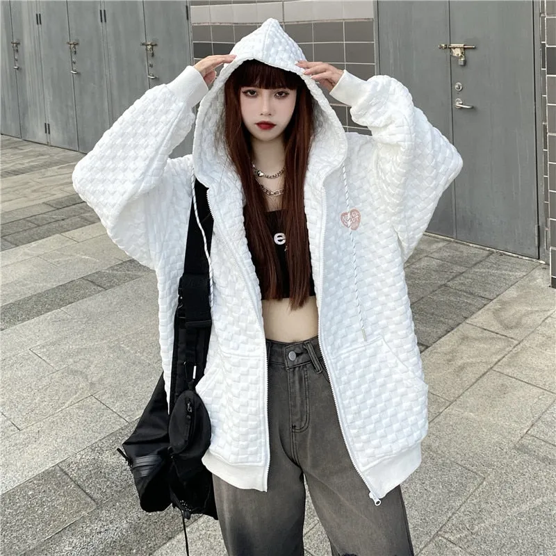 Loose Women Hoodies Autumn New  Pockets White Oversize Coats Harajuku Fashion Zipper Fall Streetwear Sweatshirt Tops