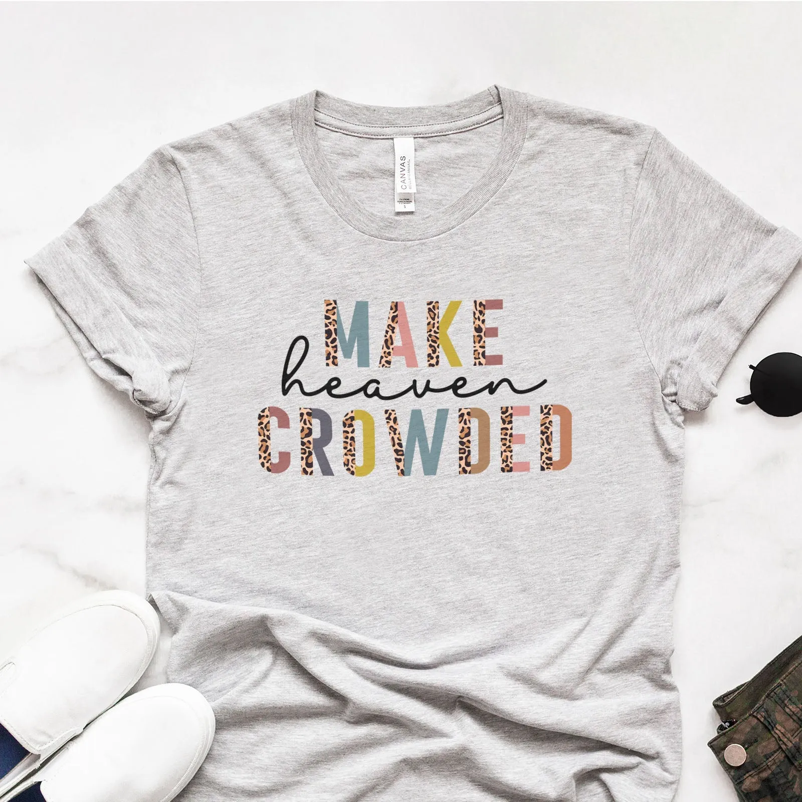 Make Heaven Crowded Half Leopard Tee Shirts For Women - Christian Shirts for Women - Religious Tee Shirts