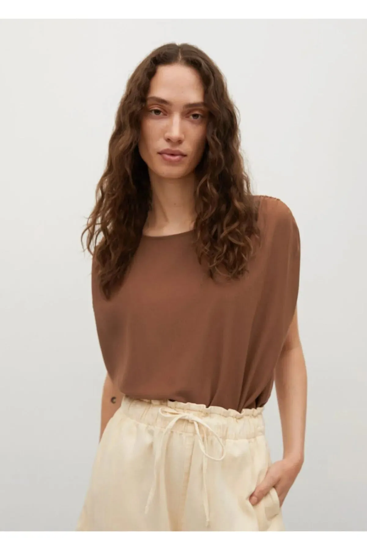 Mango Women's Brown Gathered Shoulders T-Shirt