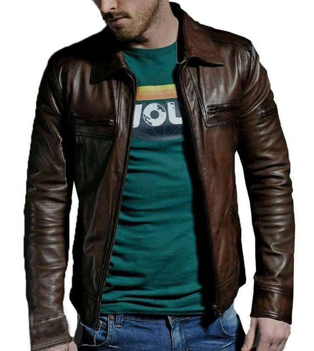 Men Genuine leather slim fit distress slim fit biker jacket