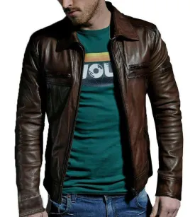 Men Genuine leather slim fit distress slim fit biker jacket