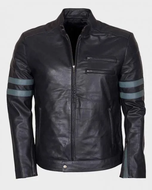 Men's Blue Stripe Mayhem Retro Black Biker Leather Jacket