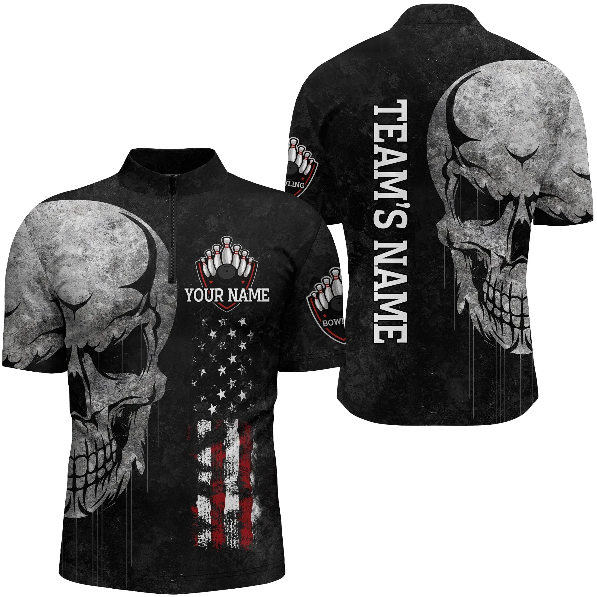 Men's Skull Bowling Shirt Quarter-Zip, Patriotic Custom Name Men Bowlers Jersey American Flag