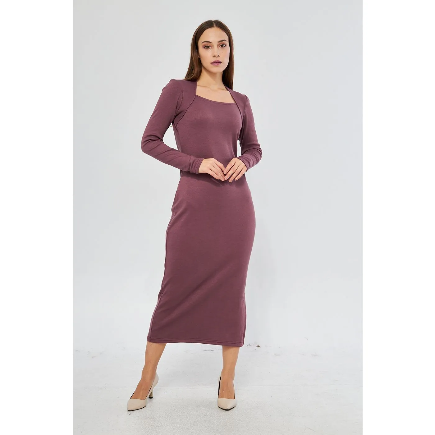 Muave Swan Neck Side Slit Bodycon Dress