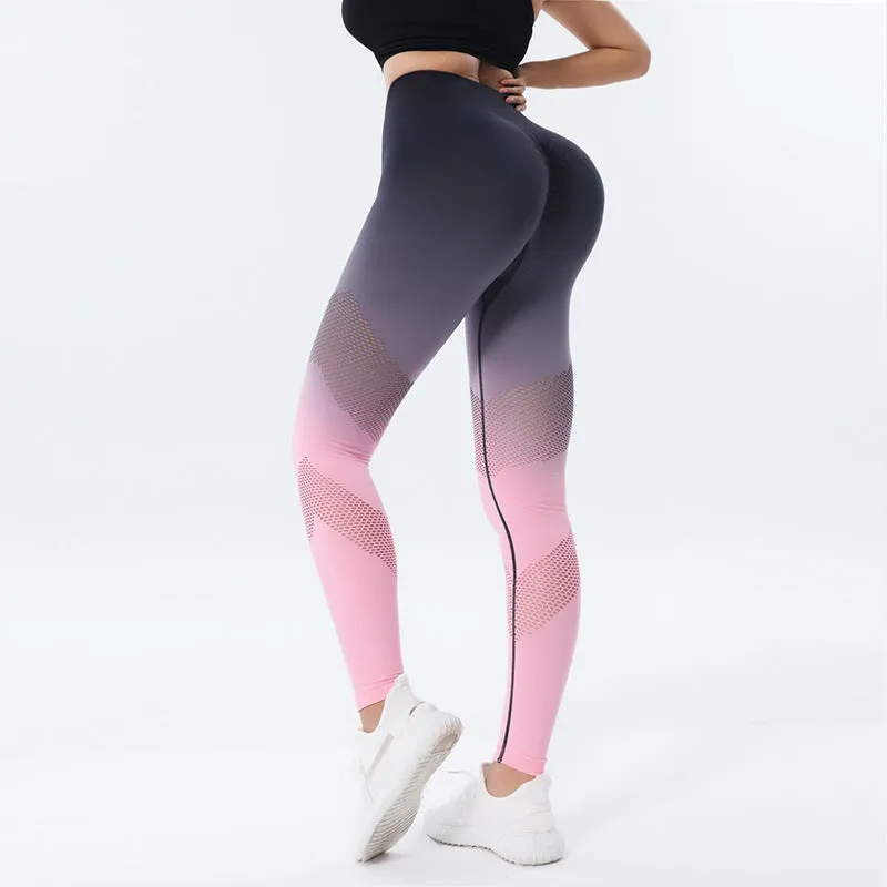 New Hollow Design Gradient Printed Yoga Pants Seamless High Waist Hip Lifting Fitness Leggings For Women Quick Drying Trousers