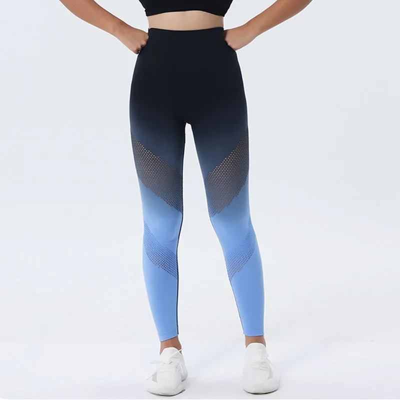 New Hollow Design Gradient Printed Yoga Pants Seamless High Waist Hip Lifting Fitness Leggings For Women Quick Drying Trousers