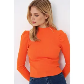 Orange Puff Shoulder Turtleneck Top