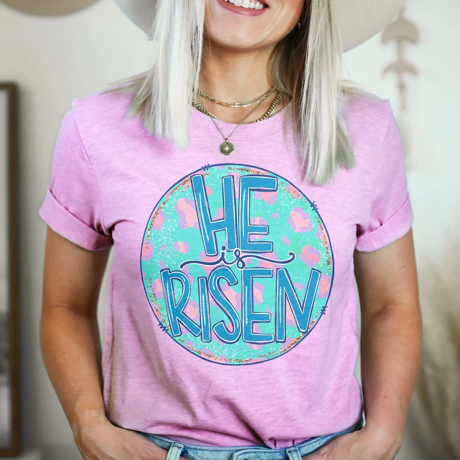 Pastel Leopard He is Risen Tee Shirts For Women - Christian Easter T Shirts