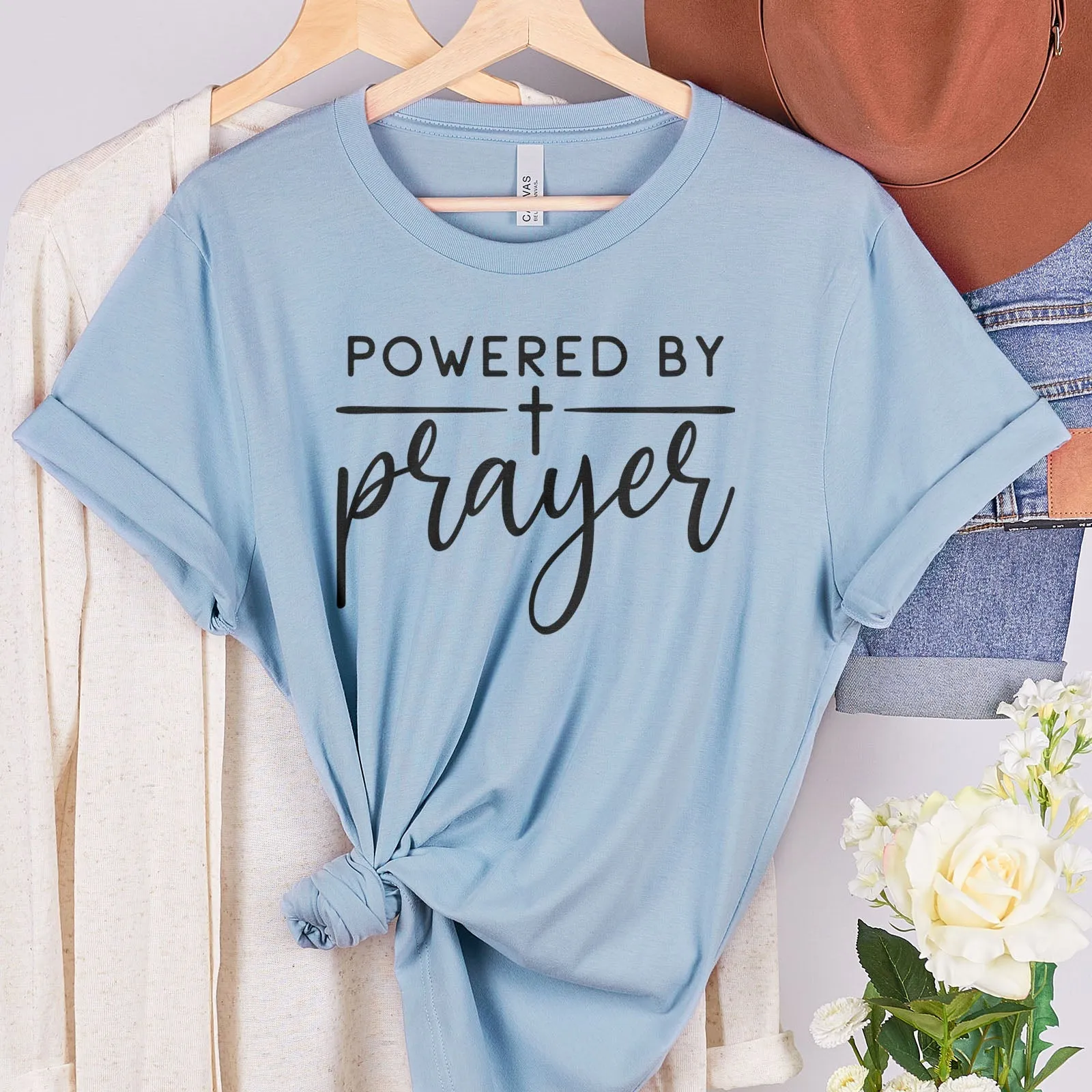 Powered by Prayer Tee Shirts For Women - Christian Shirts for Women - Religious Tee Shirts