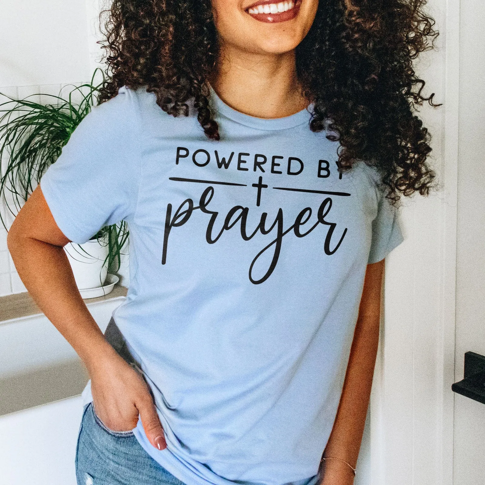 Powered by Prayer Tee Shirts For Women - Christian Shirts for Women - Religious Tee Shirts