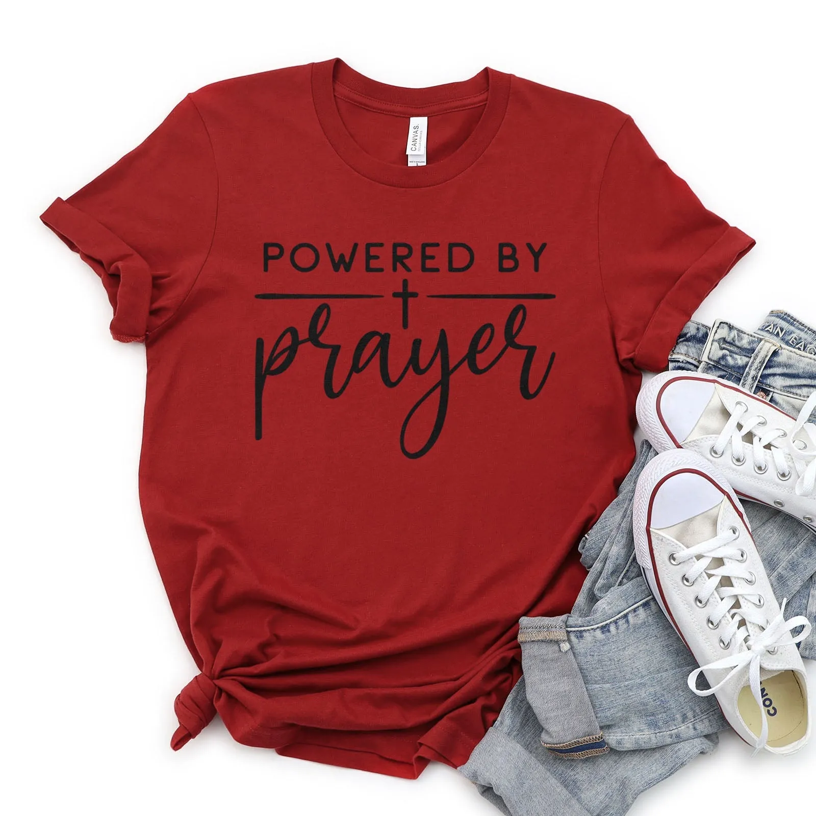 Powered by Prayer Tee Shirts For Women - Christian Shirts for Women - Religious Tee Shirts