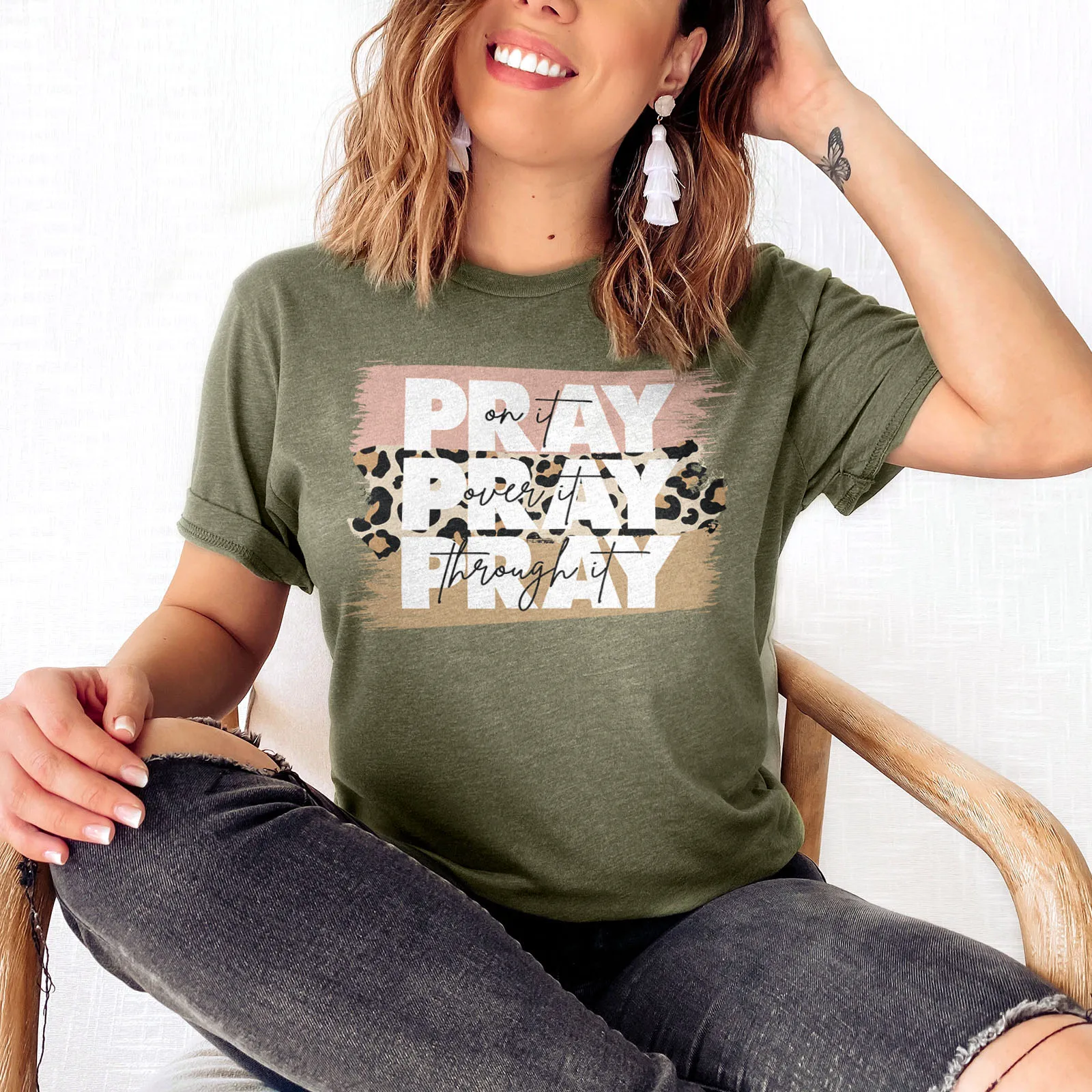 Pray on It Leopard Tee Shirts For Women - Christian Shirts for Women - Religious Tee Shirts