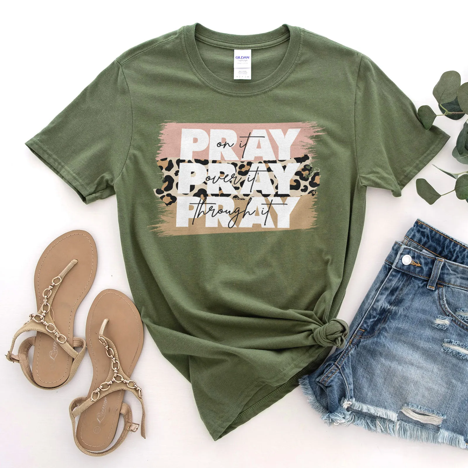 Pray on It Leopard Tee Shirts For Women - Christian Shirts for Women - Religious Tee Shirts