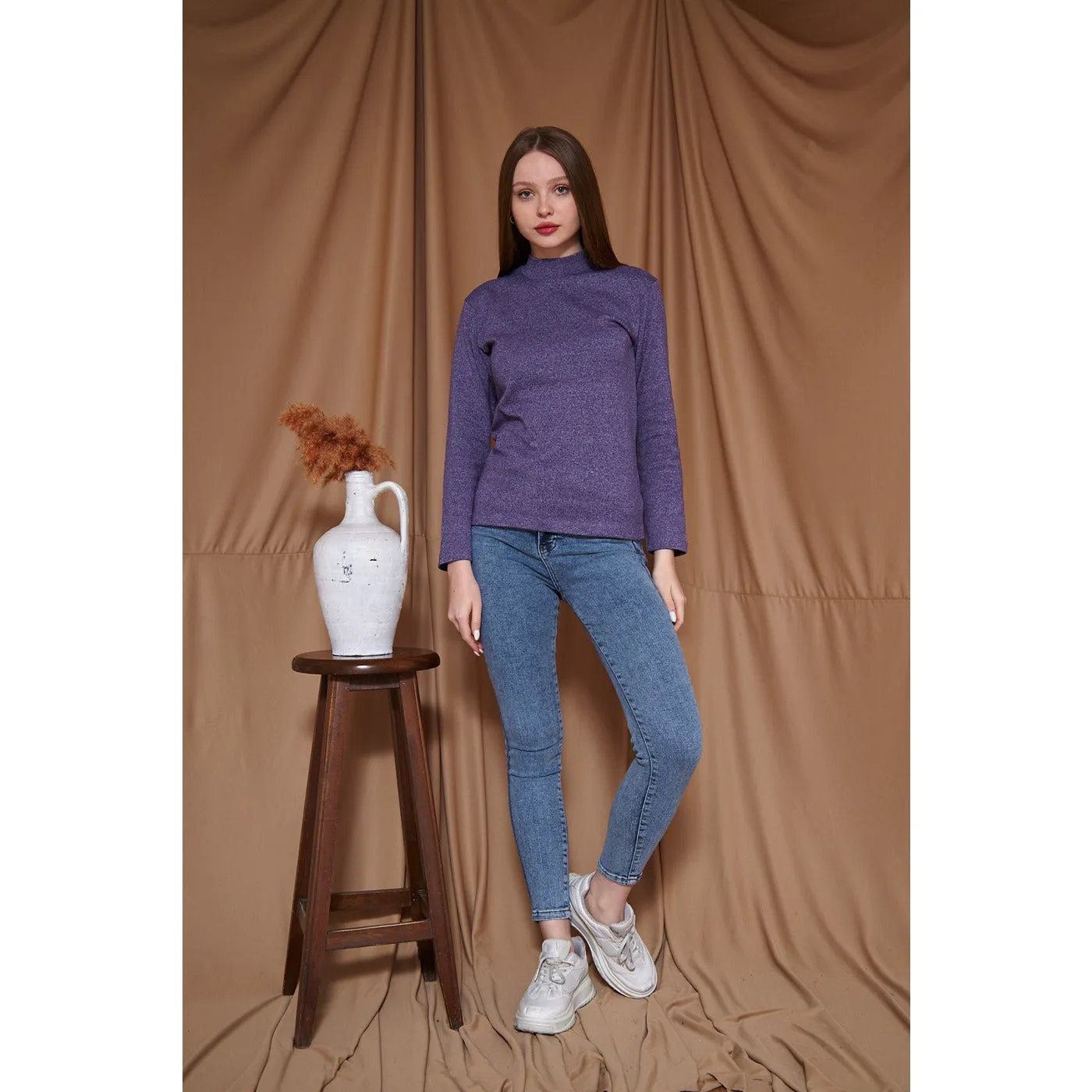 Purple Melange Mock neck Sweatshirt