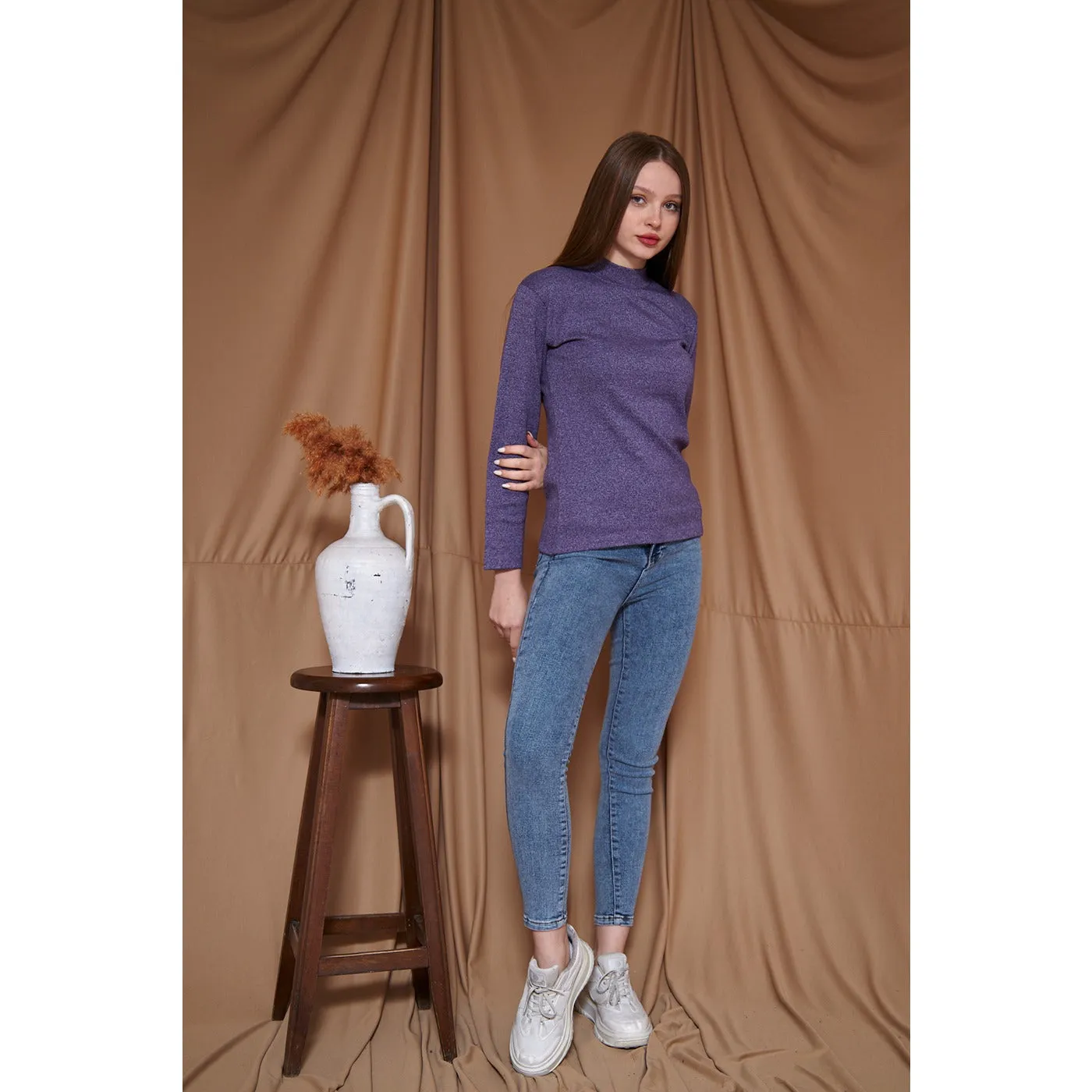 Purple Melange Mock neck Sweatshirt