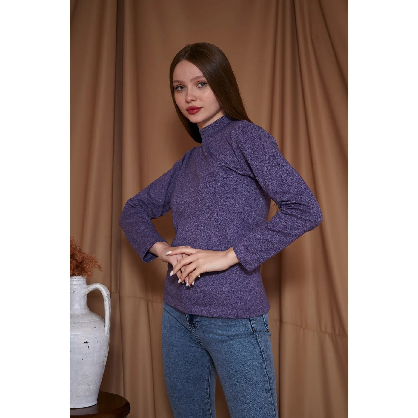 Purple Melange Mock neck Sweatshirt