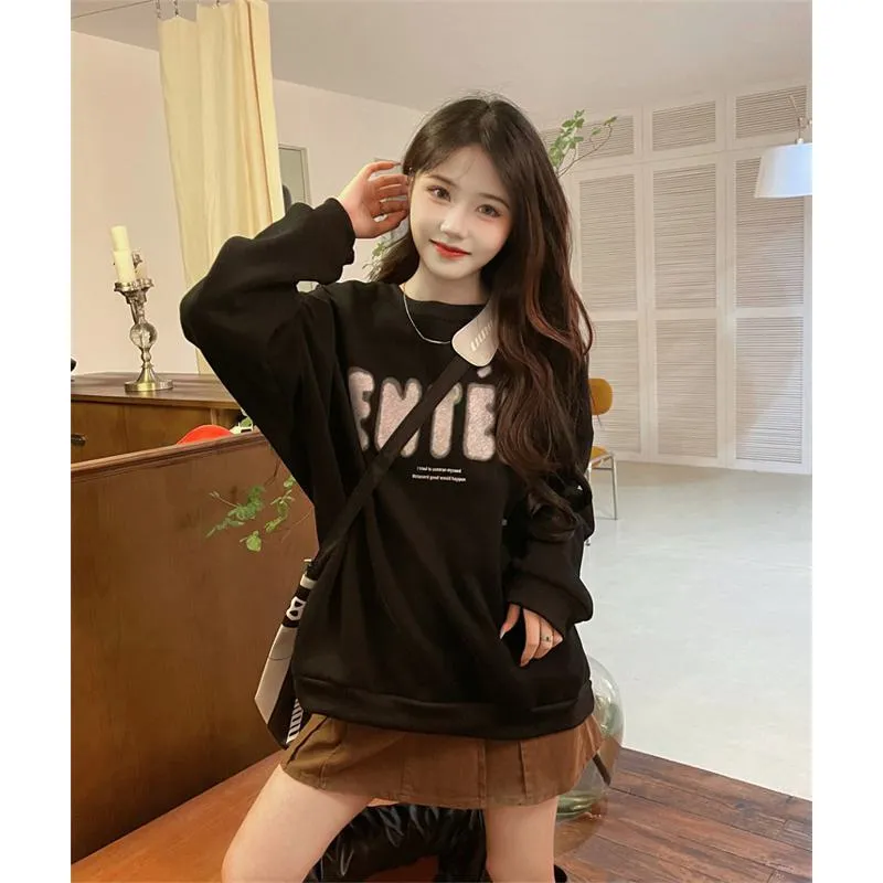 Round Neck Anti-Pilling Simplicity Plus Velvet Thickened Print Faux Cotton Sweatshirt