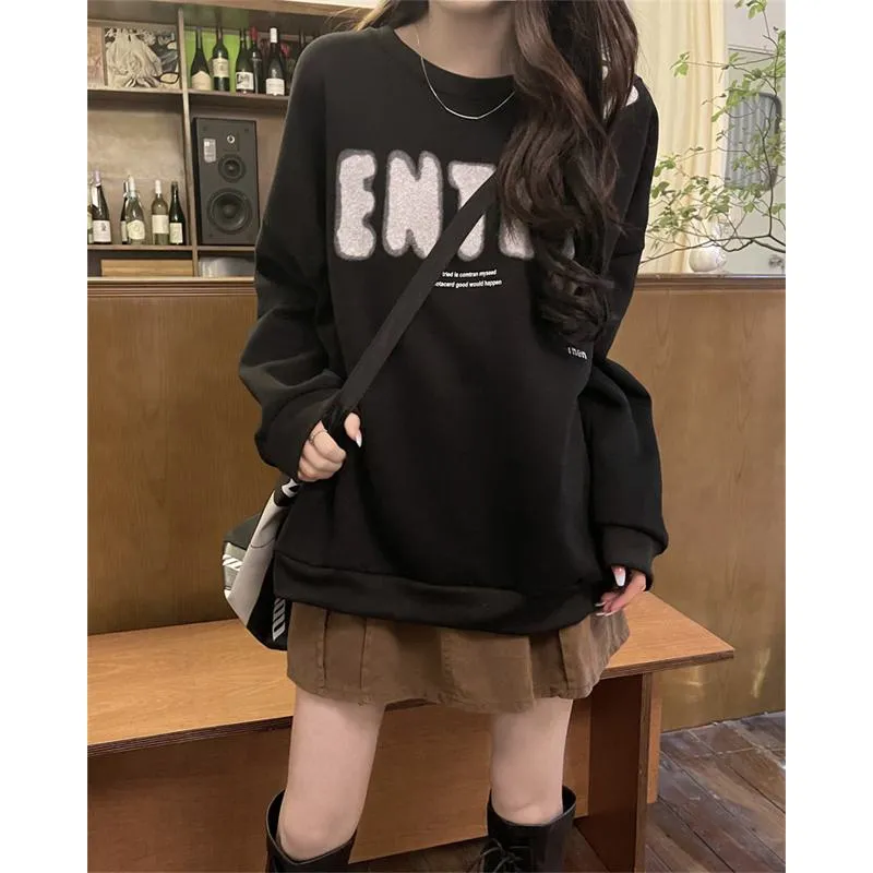 Round Neck Anti-Pilling Simplicity Plus Velvet Thickened Print Faux Cotton Sweatshirt