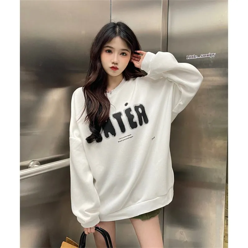 Round Neck Anti-Pilling Simplicity Plus Velvet Thickened Print Faux Cotton Sweatshirt