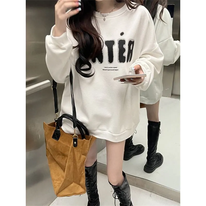 Round Neck Anti-Pilling Simplicity Plus Velvet Thickened Print Faux Cotton Sweatshirt