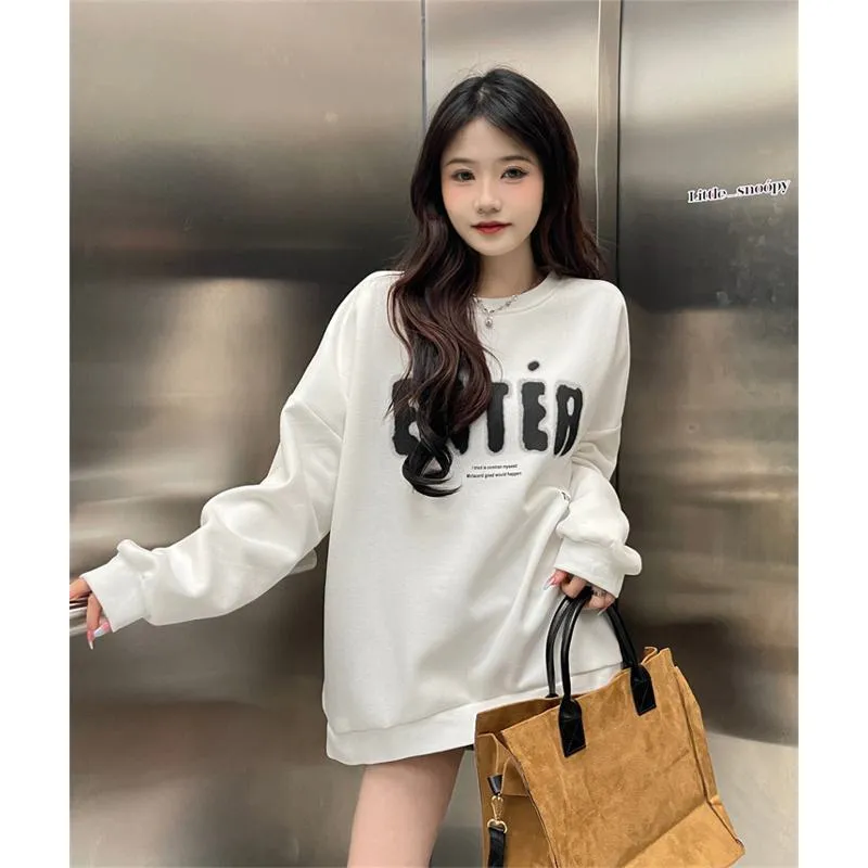 Round Neck Anti-Pilling Simplicity Plus Velvet Thickened Print Faux Cotton Sweatshirt