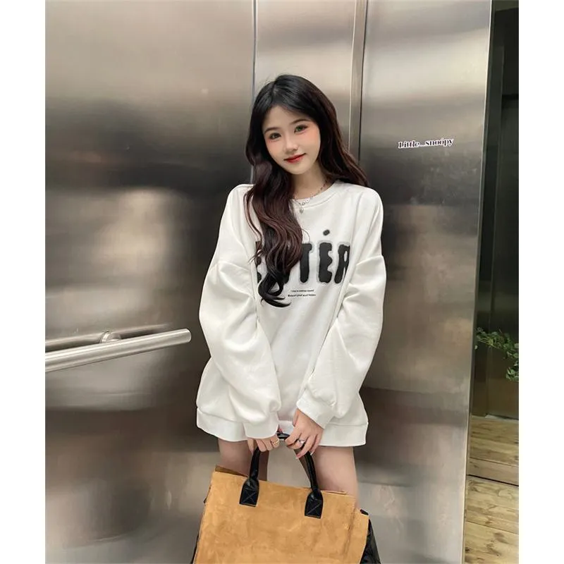 Round Neck Anti-Pilling Simplicity Plus Velvet Thickened Print Faux Cotton Sweatshirt