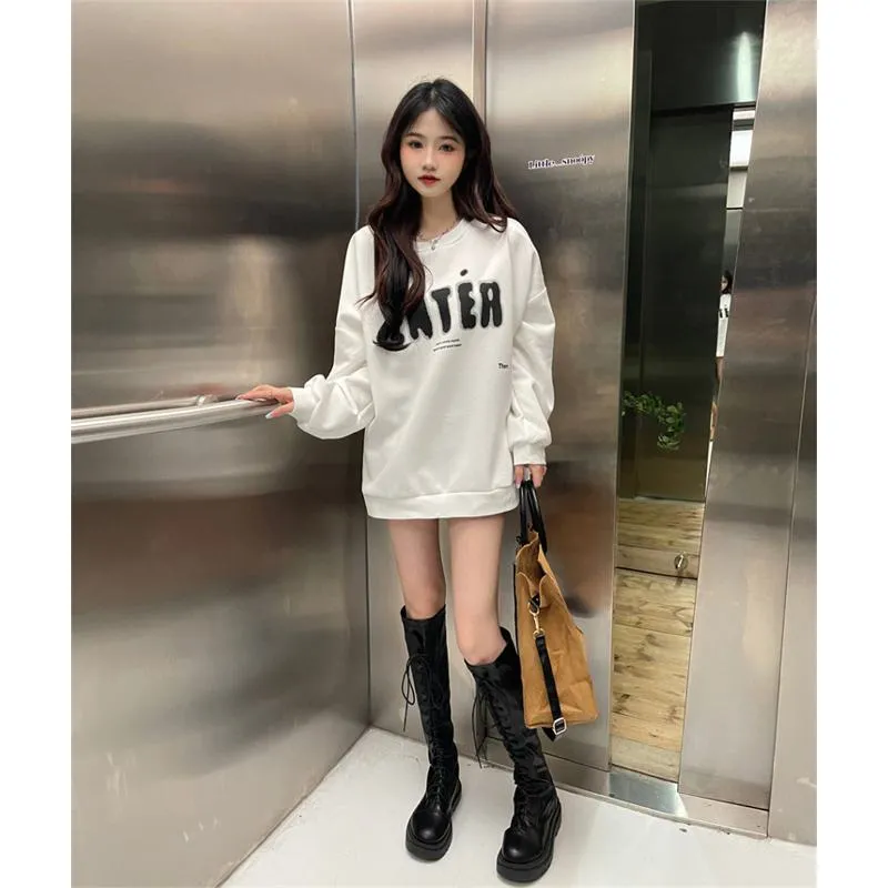 Round Neck Anti-Pilling Simplicity Plus Velvet Thickened Print Faux Cotton Sweatshirt