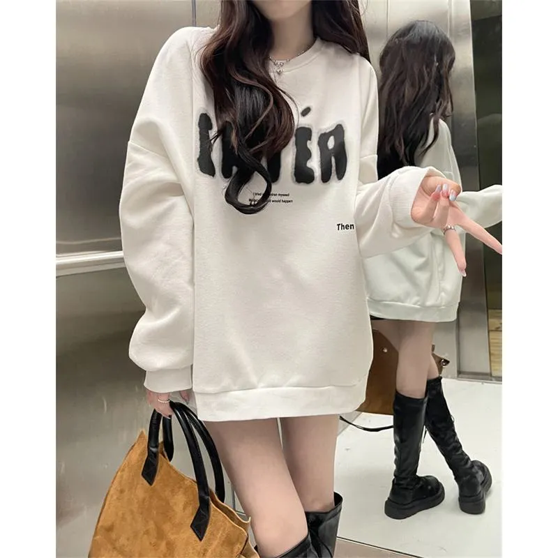 Round Neck Anti-Pilling Simplicity Plus Velvet Thickened Print Faux Cotton Sweatshirt