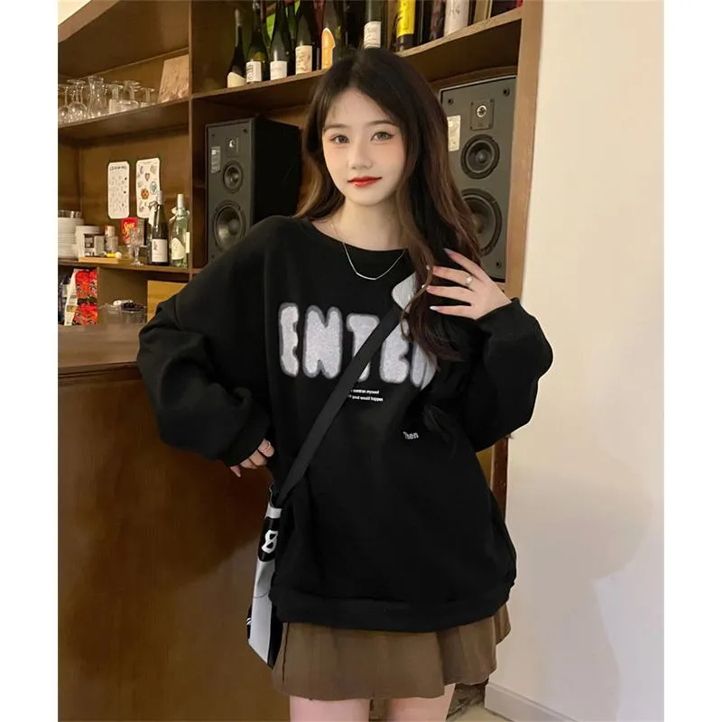 Round Neck Anti-Pilling Simplicity Plus Velvet Thickened Print Faux Cotton Sweatshirt