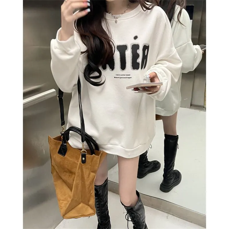 Round Neck Anti-Pilling Simplicity Plus Velvet Thickened Print Faux Cotton Sweatshirt