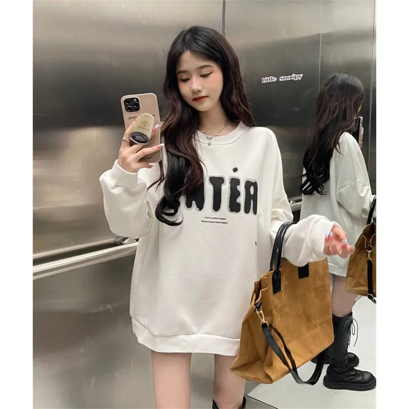 Round Neck Anti-Pilling Simplicity Plus Velvet Thickened Print Faux Cotton Sweatshirt