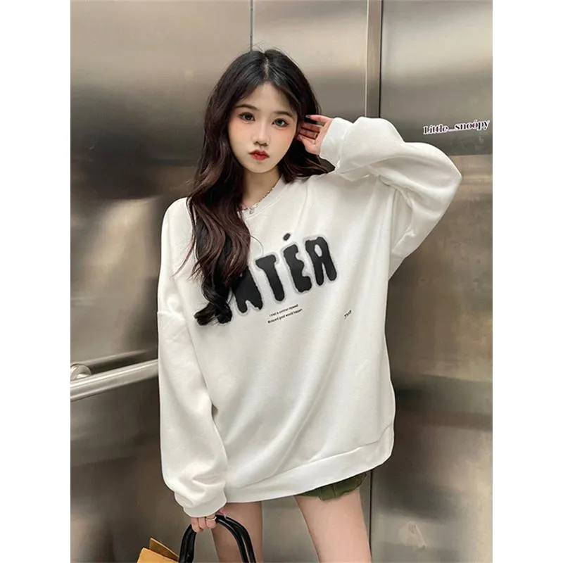 Round Neck Anti-Pilling Simplicity Plus Velvet Thickened Print Faux Cotton Sweatshirt