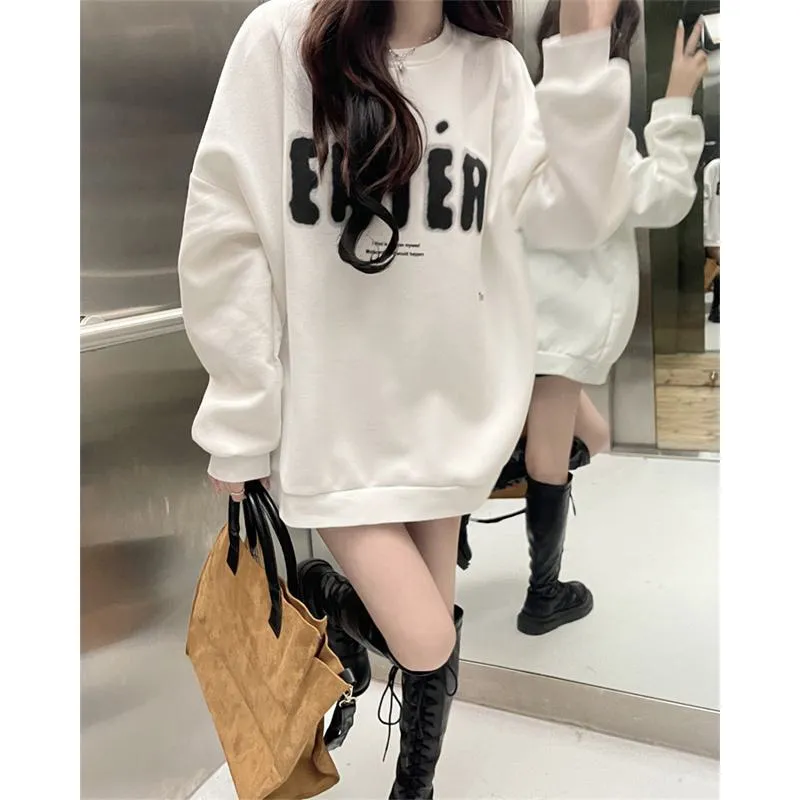 Round Neck Anti-Pilling Simplicity Plus Velvet Thickened Print Faux Cotton Sweatshirt