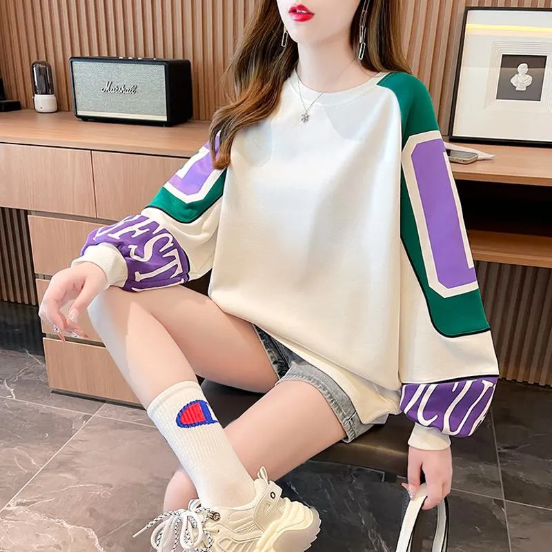 Round Neck Thin Patchwork Color Blocking Twill Loose Fit Fiber Sweatshirt