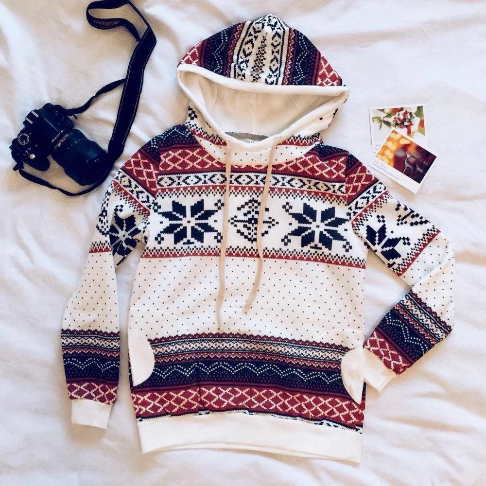 Snowflake Print Pocket Pullover Tracksuit Hoodie