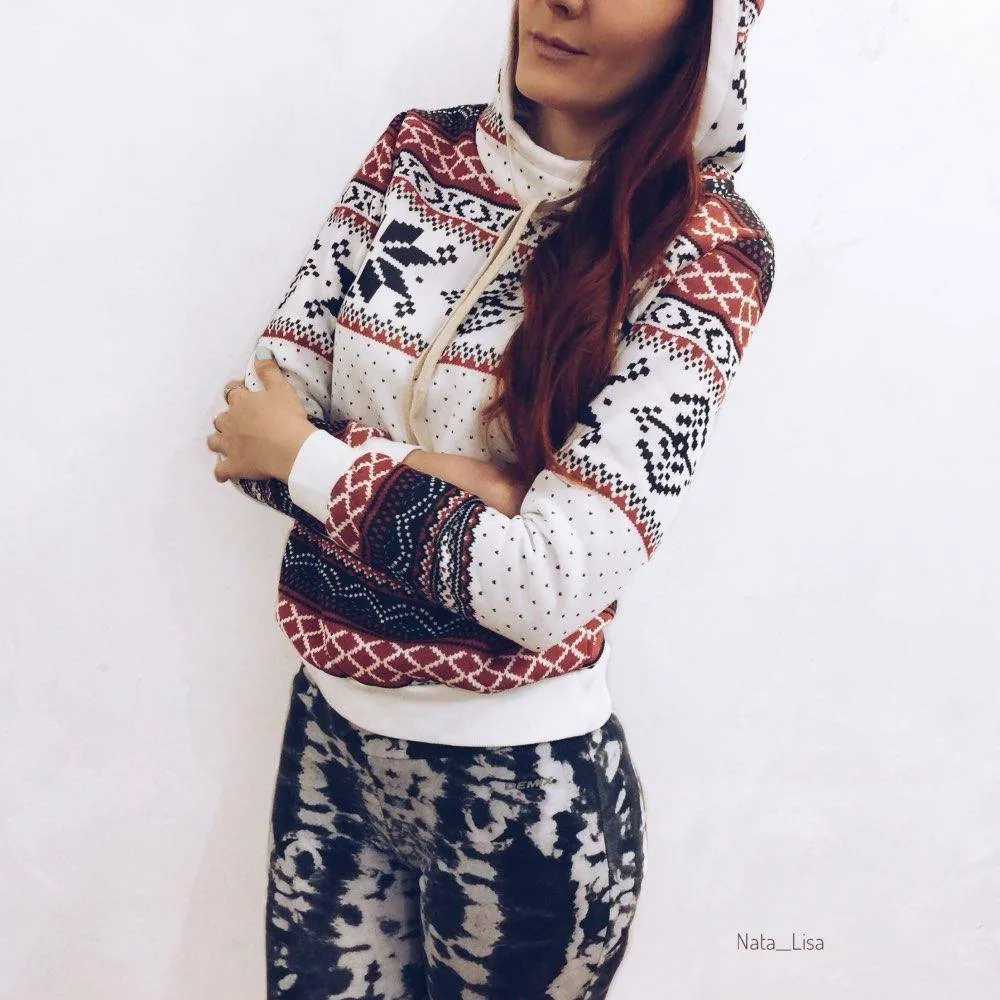 Snowflake Print Pocket Pullover Tracksuit Hoodie