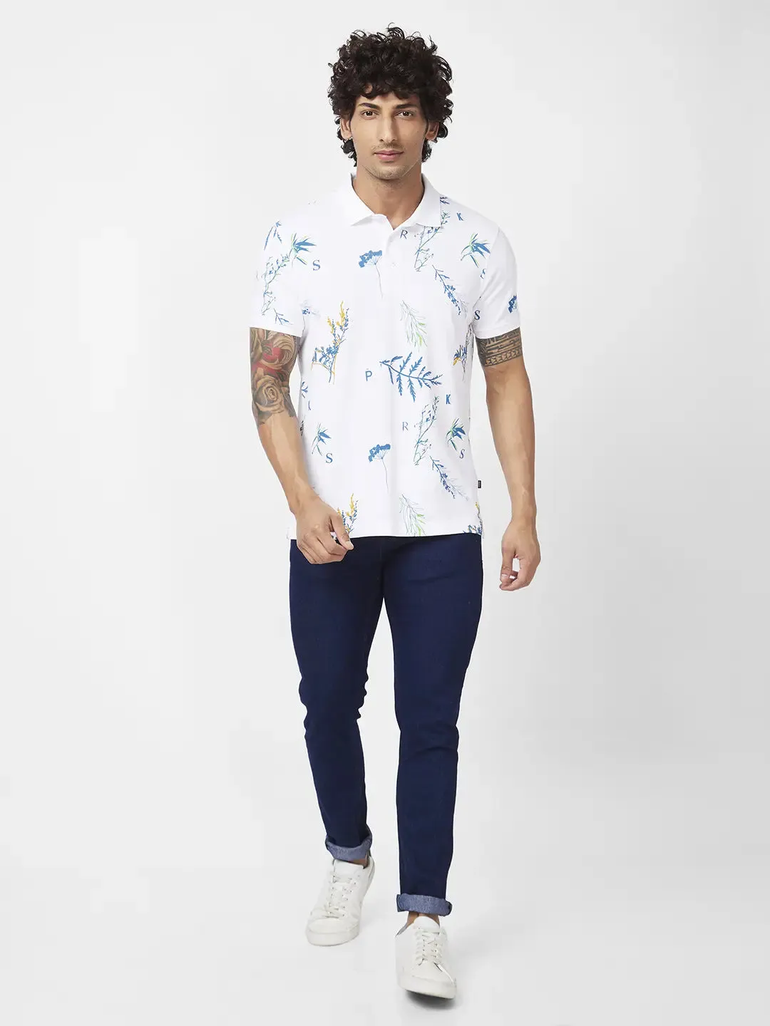 Spykar Men White Cotton Slim Fit Half Sleeve Polo Neck Floral Print Tshirt