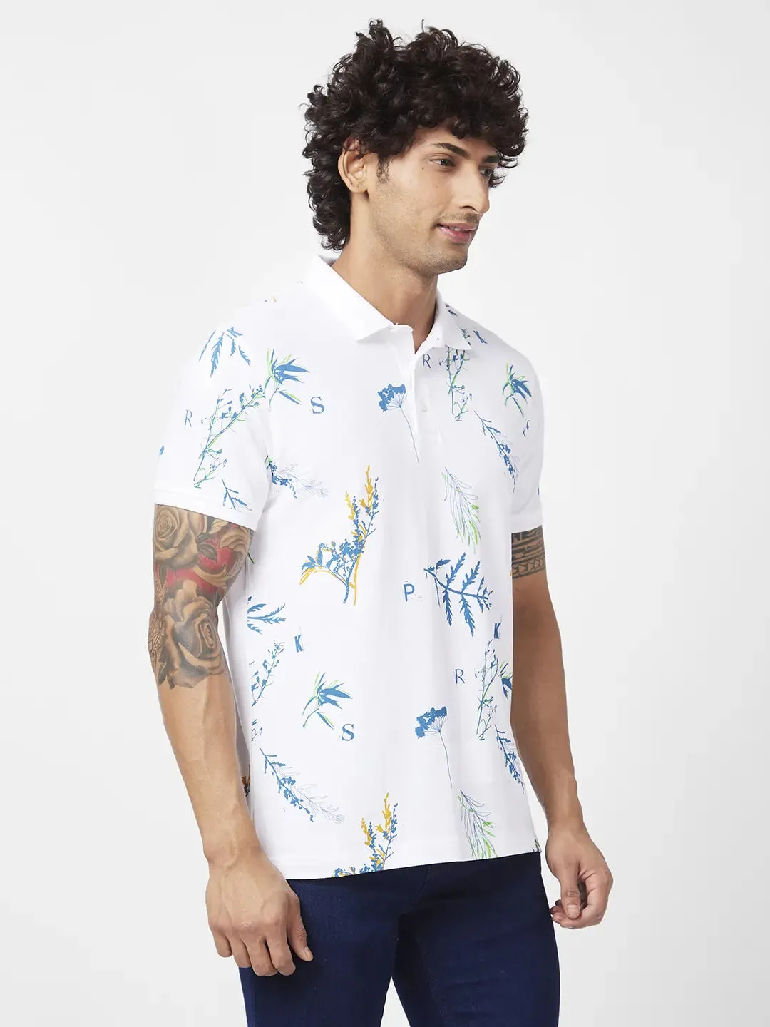 Spykar Men White Cotton Slim Fit Half Sleeve Polo Neck Floral Print Tshirt