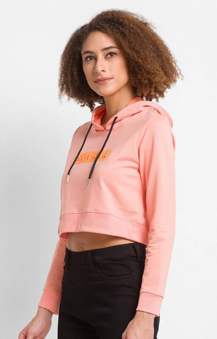 Spykar Peach Cotton Blend Full Sleeve Hooded Sweatshirts For Women