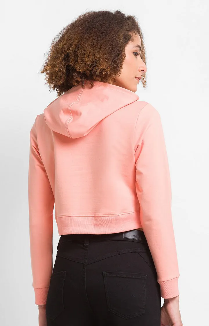 Spykar Peach Cotton Blend Full Sleeve Hooded Sweatshirts For Women