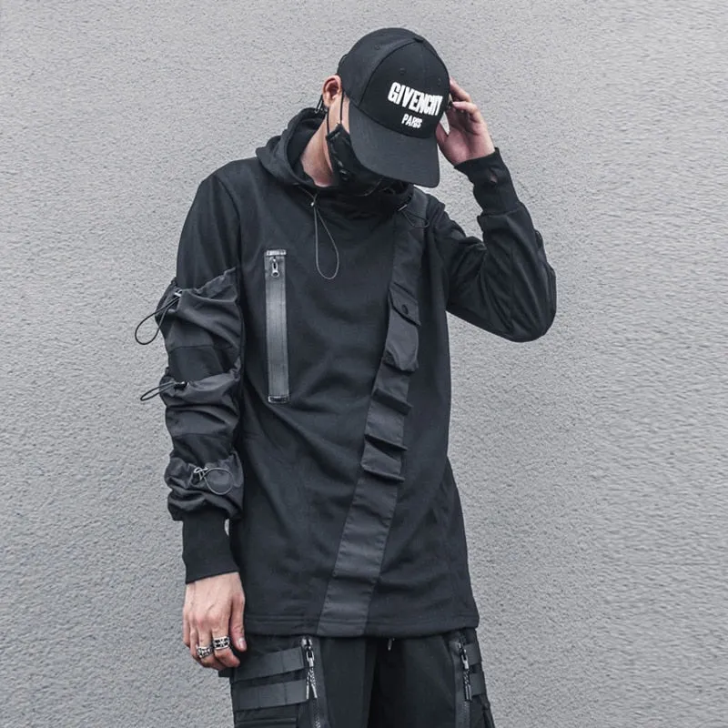 Techwear Harajuku Hoodie and Sweatshirt Men Autumn Multi-pocket Cotton Pullover Hip Hop Streetwear Hoodies Black WB224