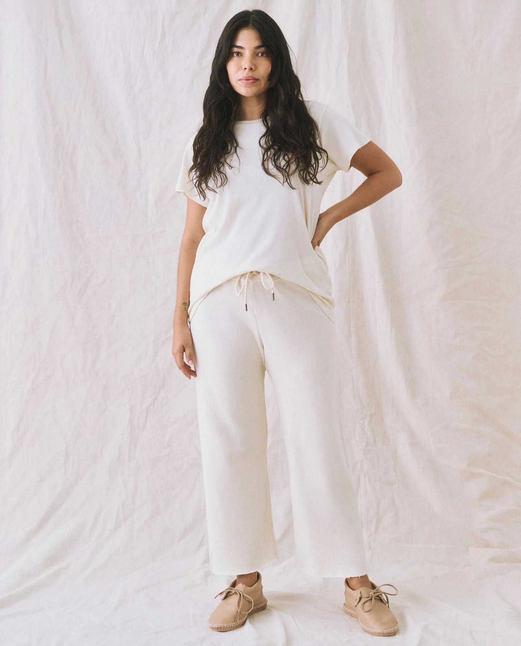 The Wide Leg Cropped Sweatpant. -- WASHED WHITE