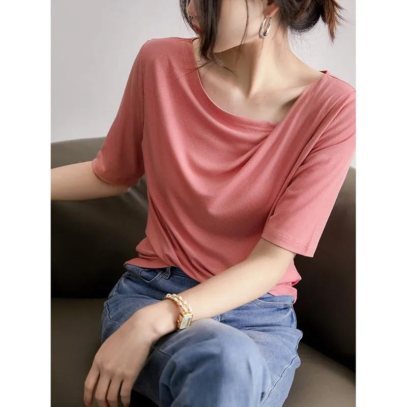 Versatile Chic Simplicity Solid Pleated Short Sleeve Tee