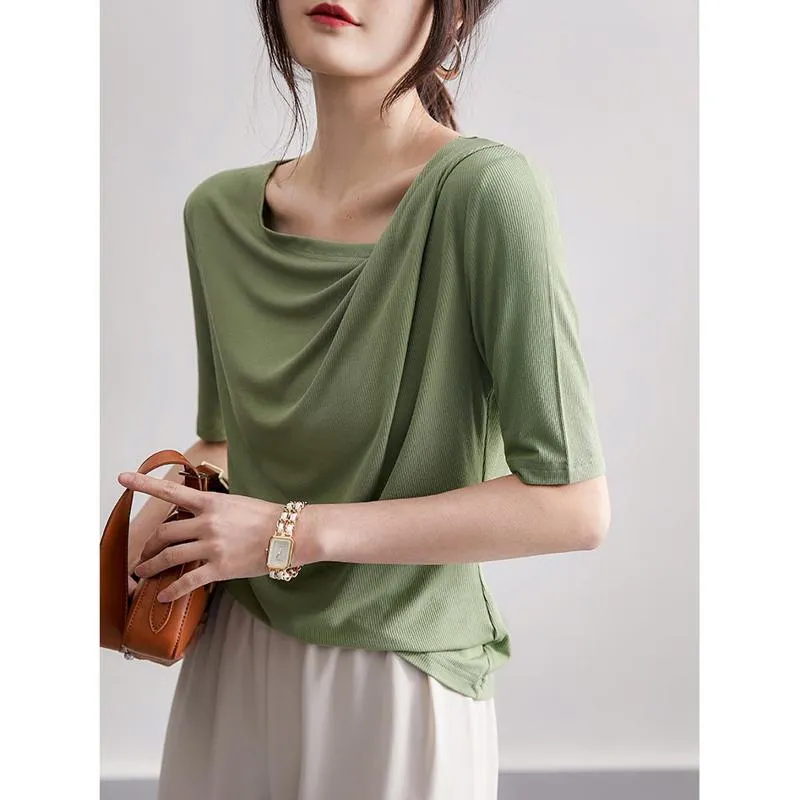 Versatile Chic Simplicity Solid Pleated Short Sleeve Tee