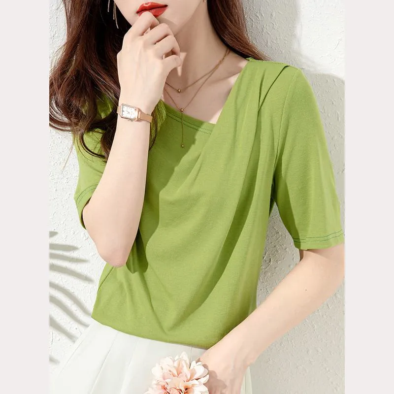 Versatile Chic Simplicity Solid Pleated Short Sleeve Tee