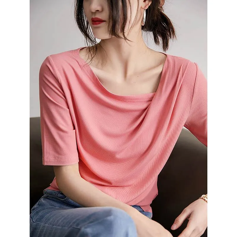 Versatile Chic Simplicity Solid Pleated Short Sleeve Tee