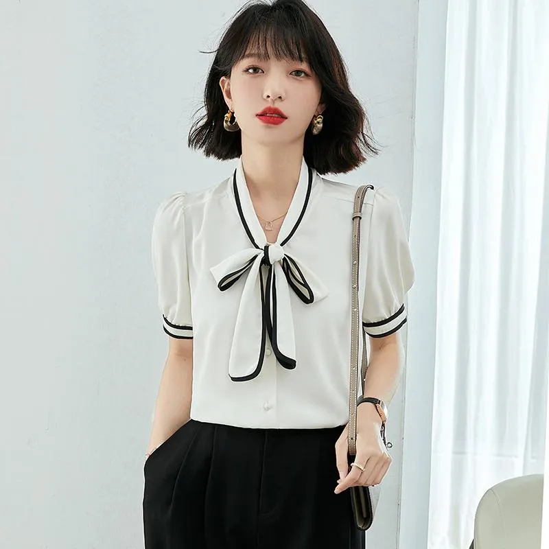 White Bow Tie Tie-Up Patchwork Chiffon Color Blocking Blouse