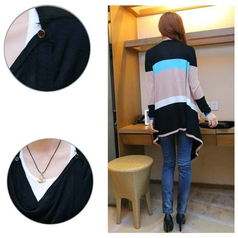 Women Korean Rainbow Colorful Stripes Irregular Knitted Cardigans Casual Autumn Batwing Shawl Outerwear Sweater