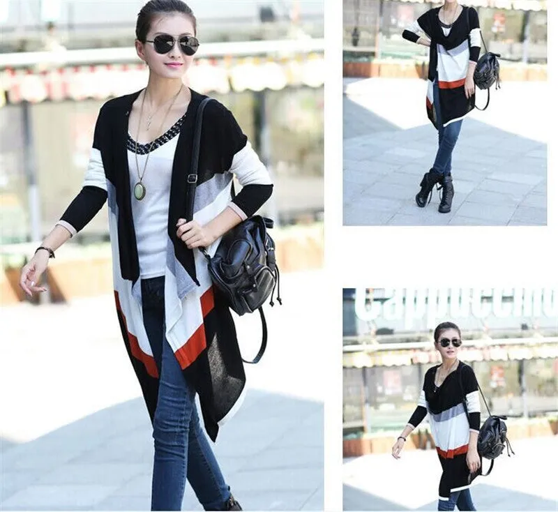 Women Korean Rainbow Colorful Stripes Irregular Knitted Cardigans Casual Autumn Batwing Shawl Outerwear Sweater