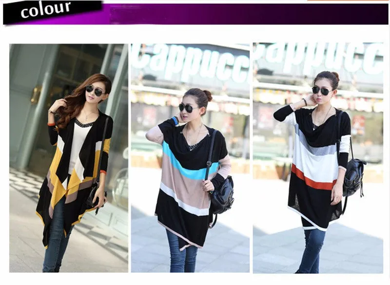 Women Korean Rainbow Colorful Stripes Irregular Knitted Cardigans Casual Autumn Batwing Shawl Outerwear Sweater